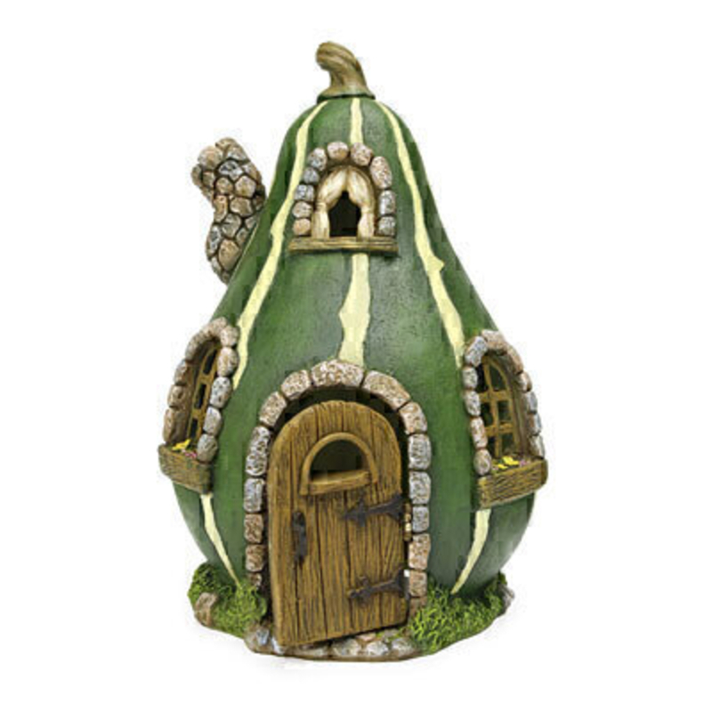 Miniature fairy garden gourd house from the Woodland Knoll collection.  The fairy gourd house features green and yellow striped walls three shaped windows pebble chimney and a hinged door.  This is a house that is sure to delight the fairies in your garden. The house is 10 inches high x 6 inches wide and 6 inches deep. This would be right at home in your miniature fairy garden either indoors our outdoors.